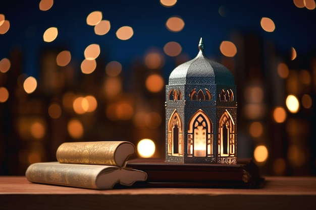 Фото Концепция ид аль-фитра с исламским фонарем и книгой