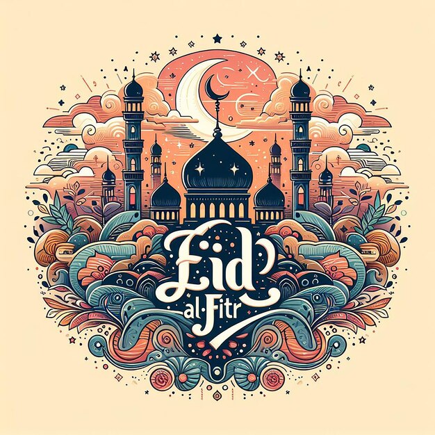 Foto eid al-fitr eid mubarak letters met een mooie moskee