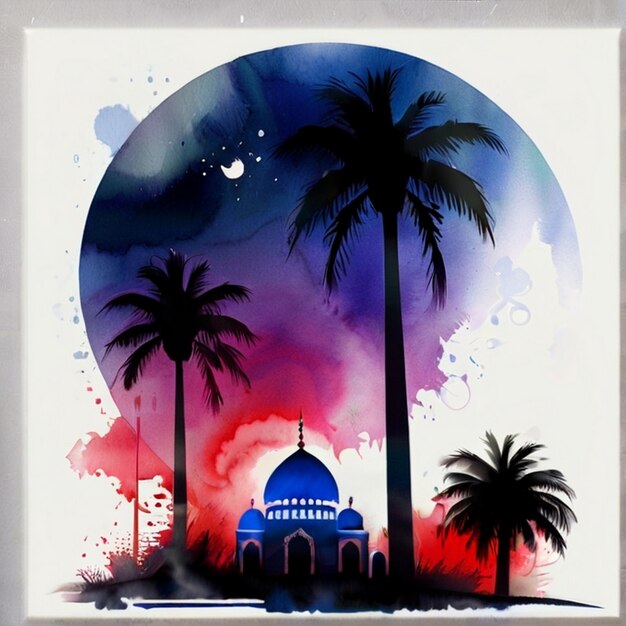 Foto eid al fitr pittura a inchiostro squisita su mosqur islamico e luna sullo sfondo di carta bianca pura