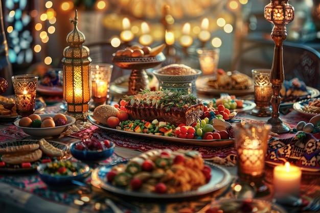 Eid al Fitr family dinner with traditional Arabic cuisine