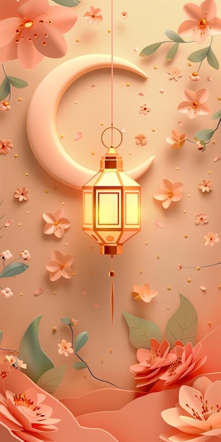 Foto eid al fitr greeting card sjabloon versierd met 3d cute lantaarn halve maan en bloem in het midden