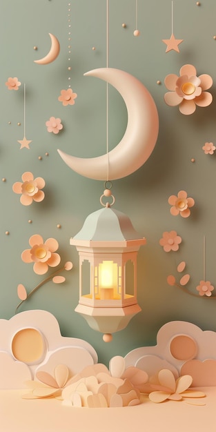 Eid Al Fitr Greeting card template decorated with 3d Cute lantern crescent moon and flower In Center