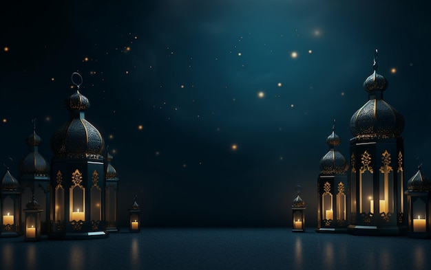 eid al fitr greeting with lanterns on dark blue background