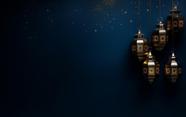 Eid al fitr greeting with lanterns on dark blue background