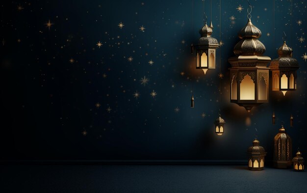 eid al fitr greeting with lanterns on dark blue background