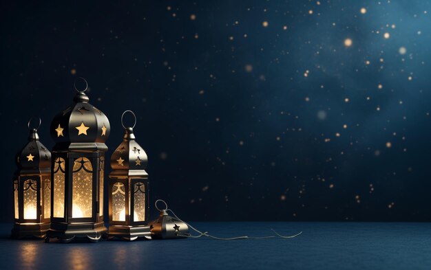 Eid Al Fitr-groet met lantaarns op donkerblauwe achtergrond