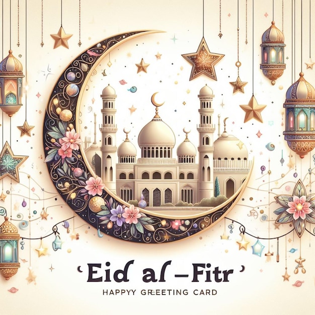 Foto eid al-fitr-groetekaartjes versierd met maan- en sterrenornamenten met een moskee op de achtergrond
