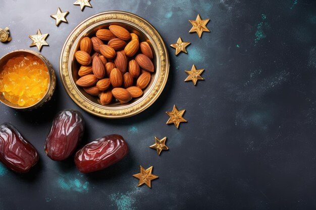 Photo eid al fitr holiday concept with sweet dried dates fruits and decorations on bright background