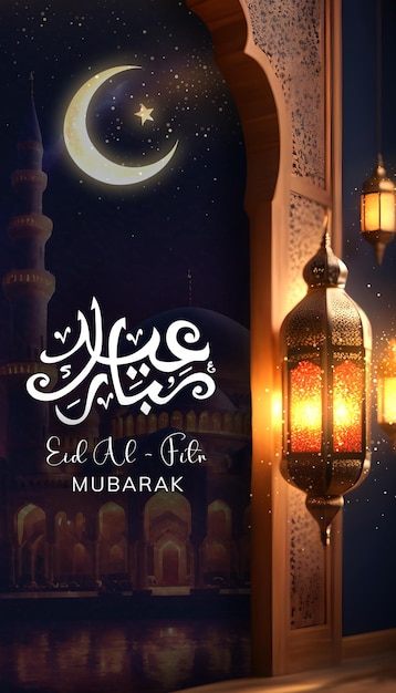 Foto flyer di sfondo di eid al fitr mubarak con lanterna islamica e mezzaluna