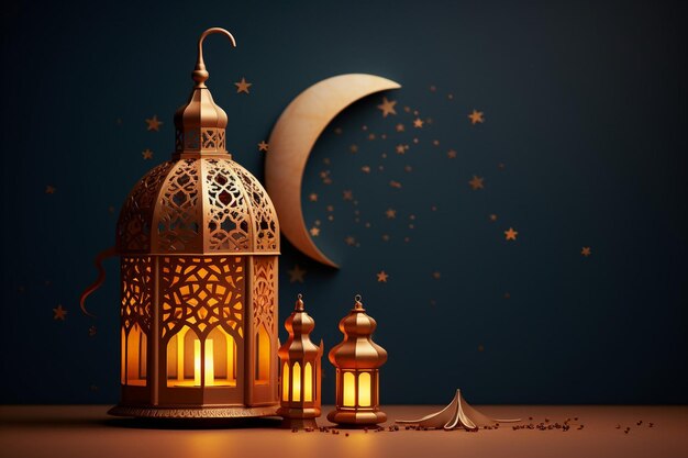 Eid al fitr mubarak colorful greeting design with luxurious crescent moon and lantern