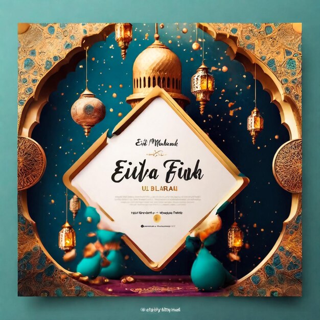 Foto flyer di eid al fitr mubarak con elementi 3d sullo sfondo del design dell'illustrazione