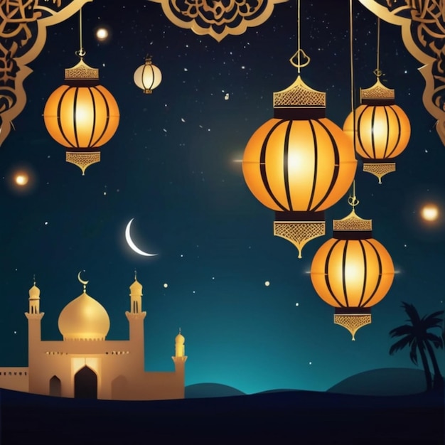 Eid al-Fitr poster sjabloon lantaarn achtergrond nacht ontwerp