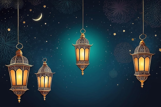 Eid al fitr poster sjabloon met een lantaarn achtergrond's nachts