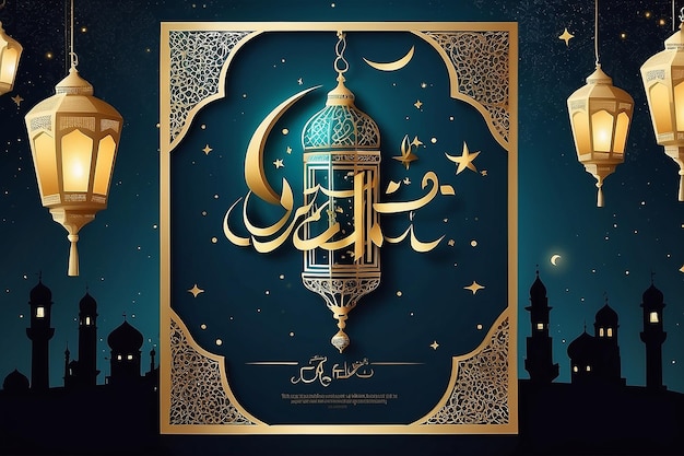 Eid al fitr poster sjabloon met een lantaarn achtergrond's nachts