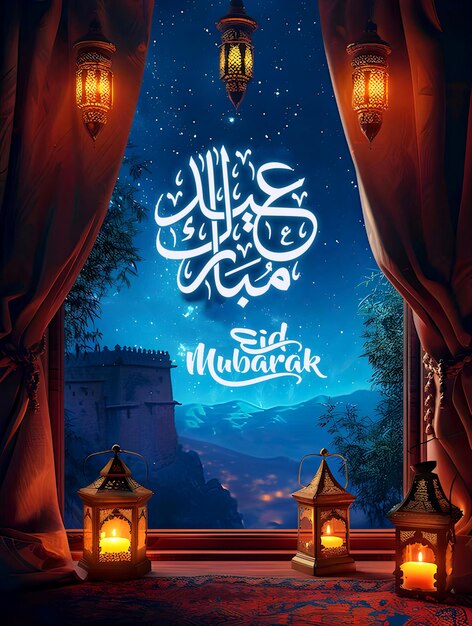 Foto eid al fitr poster sjabloon met lantaarn achtergrond nacht