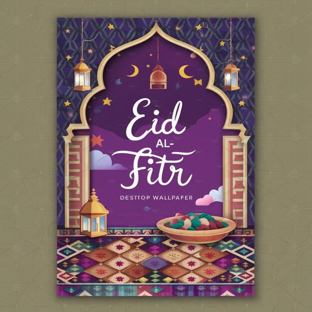 Eid al fitr poster sjabloon met lantaarn en moskee raam achtergrond Islamitische groetekaartjes