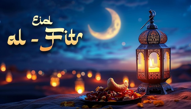 Photo eid al fitr poster template with a food and lantern background at night