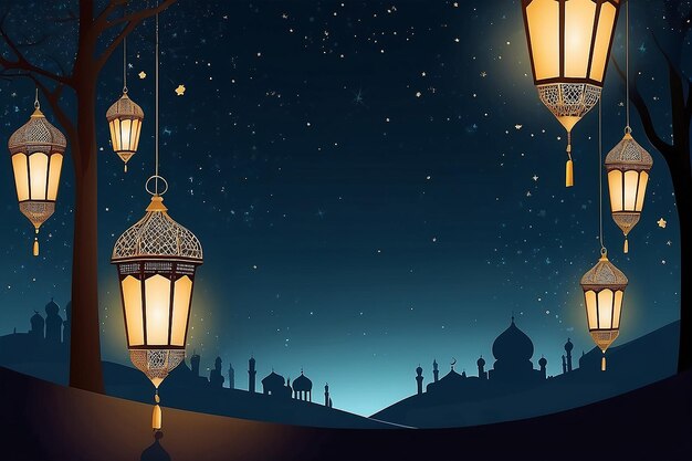 Photo eid al fitr poster template with a lantern background at night