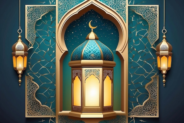 Eid al fitr poster template with lantern and mosque window background islamic greeting cards