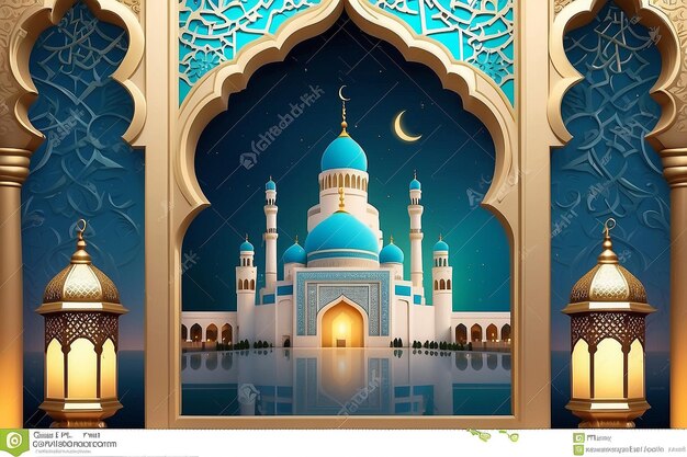 Eid al fitr poster template with lantern and mosque window background islamic greeting cards