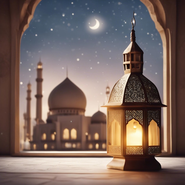 Eid al fitr poster template with lantern and mosque window background Islamic greeting cards