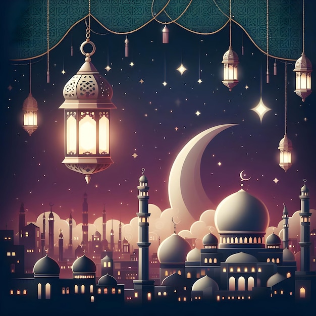 Постер Ид аль-Фитра с фонарем ночью