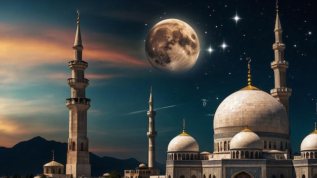 Eid AlAdha 3D-рендер фотореалистической мечети на звездном ночном пространстве для текста