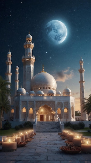 Eid AlAdha 3D-рендер фотореалистической мечети на звездном ночном пространстве для текста