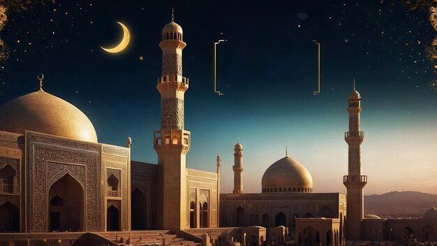 Eid al-Adha 3D Rendering of a Photo-Realistic Mosque on a Starry Night Spaceはイスラム教徒が夜に星を掲げているモスクの3Dレンダリングです