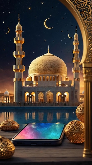 Foto eid aladha un rendering 3d di una moschea fotorealista su uno spazio notturno stellato per testo