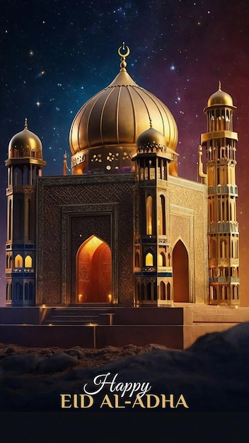 Foto eid aladha een 3d-weergave van een fotorealistische moskee op een sterrennachtruimte voor tekst