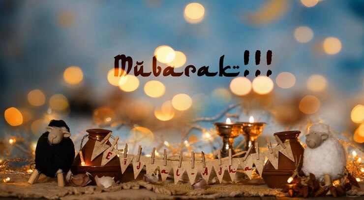 Photo eid aladha festival of sacrifice white and black lamb tagine and night blue sky in the background