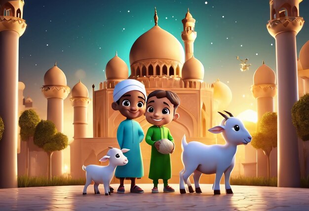 Foto cartella di auguri per l'eid aladha con bambini musulmani che tengono in mano un personaggio di cartone animato di capra