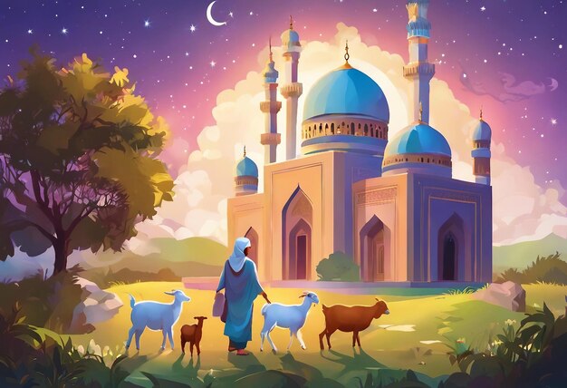 Foto cartella di auguri per l'eid aladha con bambini musulmani che tengono in mano un personaggio di cartone animato di capra