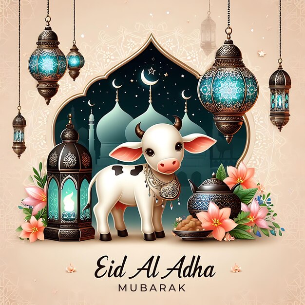 Photo eid aladha mubarak poster with a crescent moon islamic lantern cow and a mosque in the background