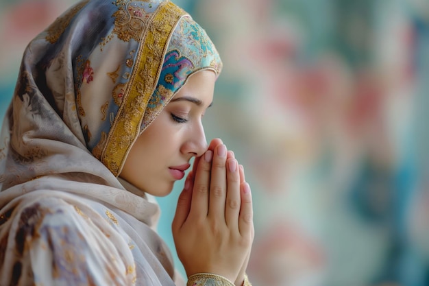 Eid alAdha A woman in a hijab is praying with folded hands at the temple