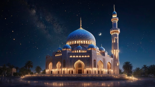 写真 イード・アル・フィトール・セレブレーション・モスクは,半月とともに星の夜空の下で輝いています.