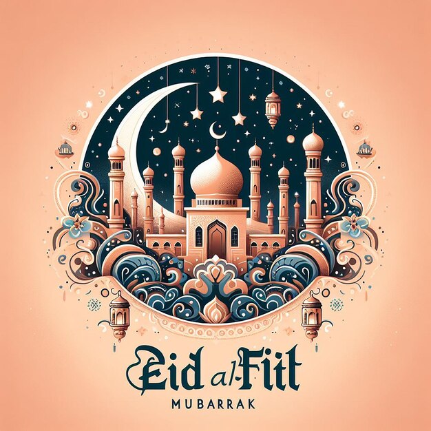 Photo eid alfitr eid mubarak lettering with beautiful mosque