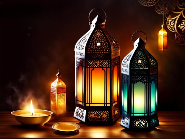 Eid alFitr holy month of Ramadan Laylat alQadr suspended Arab lantern fanus candles golden crescent