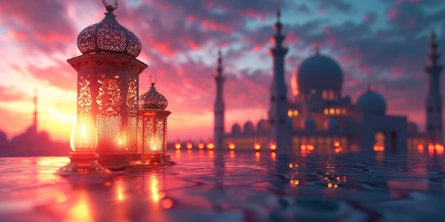 An Eid alFitr lantern and a small mosque symbolizing the joyous celebration of the Islamic holiday