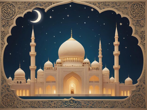 Карточка с поздравлениями на Ид аль-Фитр и Рамадан Красота ислама с силуэтом мечети, сгенерированной ИИ