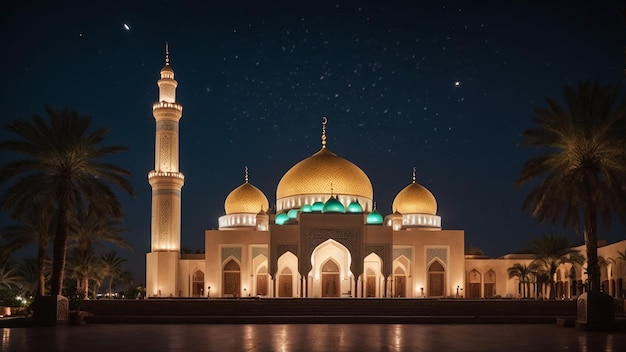 Eid alfitre Hosni Mubarak mosque and lantern background at night