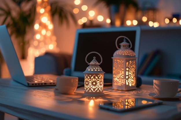 Photo eid celebration mood with lanterns