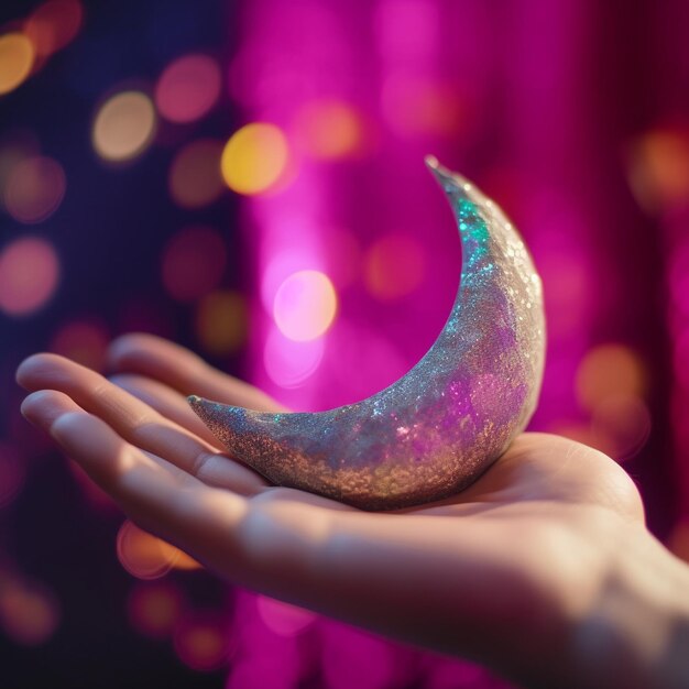 Eid crescent moon in the palm of hand islamic greetings background design