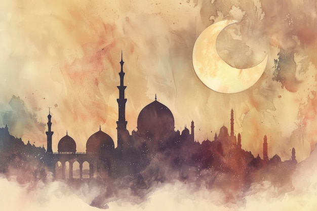 Eid Elegance Een prachtige aquarel penseel textuur silhouet met een moskee halve maan het vangen van de essentie van de Ramadan Kareem