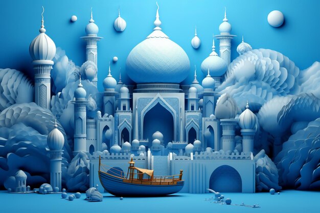Eid en Ramadan blauwe en gouden poster met een moskee Generatieve AI