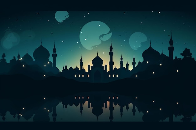 Eid en Ramadan nachtscène met een moskee en maan op de achtergrond Generatieve AI