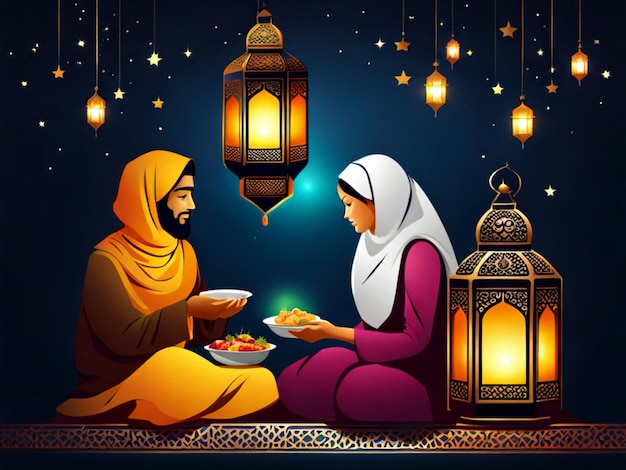 Eid Fitr day with traditional muslim people illustration