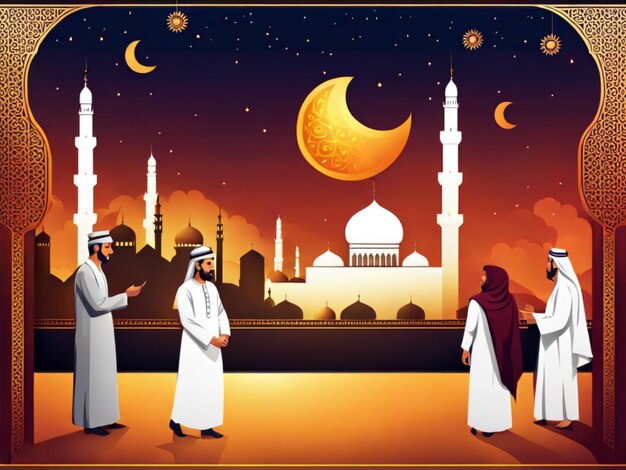 Eid Fitr day with traditional muslim people illustration