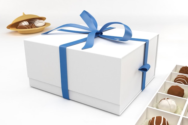 Eid Gift Box and Chocolate Perspective View In White Background